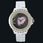 *~* Bloemenpioen Waterverf Lavendel Roze Populair Horloge<br><div class="desc">* Lavendel en roze pioen knallen op een zwarte achtergrond. Het ontwerp is een indrukwekkende waterverf pioenenbloem die het gezicht van dit dameshorloge siert. * Het gezicht van dit horloge is omgeven door diamant-achtige steentjes waardoor dit horloge een bling en glamsparkle krijgt. Houden van deze populaire paarse en magenta waterverf...</div>