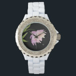 *~* Bloemenpioen Waterverf Lavendel Roze Populair Horloge<br><div class="desc">* Lavendel en roze pioen knallen op een zwarte achtergrond. Het ontwerp is een indrukwekkende waterverf pioenenbloem die het gezicht van dit dameshorloge siert. * Het gezicht van dit horloge is omgeven door diamant-achtige steentjes waardoor dit horloge een bling en glamsparkle krijgt. Houden van deze populaire paarse en magenta waterverf...</div>