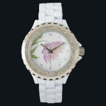 *~* Bloemenpioen Waterverf Roze Lavendel Populair Horloge<br><div class="desc">* Een mooie Lavendel en roze op een gloeiende witte achtergrond. Dit ontwerp is een zeer waterverf pioenenbloem die het gezicht van dit dameshorloge siert. * De riem is wit en gemaakt van hard stevig glazuur. Er zijn sprankelende strass steentjes geven dit horloge een blik van glitter glam en bling....</div>