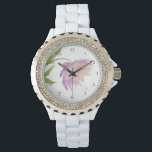 *~* Bloemenpioen Waterverf Roze Lavendel Populair Horloge<br><div class="desc">* Een mooie Lavendel en roze op een gloeiende witte achtergrond. Dit ontwerp is een zeer waterverf pioenenbloem die het gezicht van dit dameshorloge siert. * De riem is wit en gemaakt van hard stevig glazuur. Er zijn sprankelende strass steentjes geven dit horloge een blik van glitter glam en bling....</div>