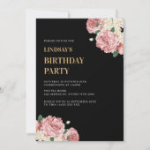 Bloemenpioenen en Rozen op Black Birthday Party Kaart (Voorkant)