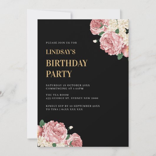 Bloemenpioenen en Rozen op Black Birthday Party Kaart (Voorkant)