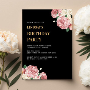 Bloemenpioenen en Rozen op Black Birthday Party Kaart
