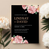 Bloemenpioenen en Rozen op Black Wedding Kaart