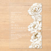 Bloemenpioenen wit gouden elegante bruiloft acryl uitnodigingen (Voorkant)