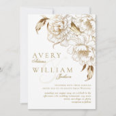 Bloemenpioenen wit gouden elegante bruiloft kaart (Voorkant)