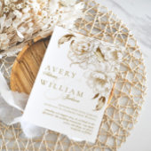 Bloemenpioenen wit gouden elegante bruiloft kaart