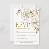 Bloemenpioenen wit gouden elegante bruiloft RSVP kaartje (Voorkant)