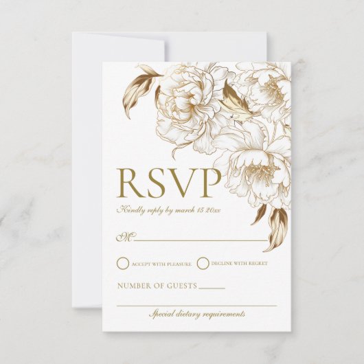 Bloemenpioenen wit gouden elegante bruiloft RSVP kaartje (Voorkant)