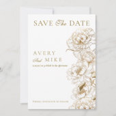 Bloemenpioenen wit gouden elegante bruiloft save the date (Voorkant)