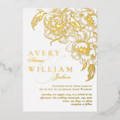 Bloemenpioenen wit gouden elegante foto bruiloft folie uitnodiging (Voorkant)