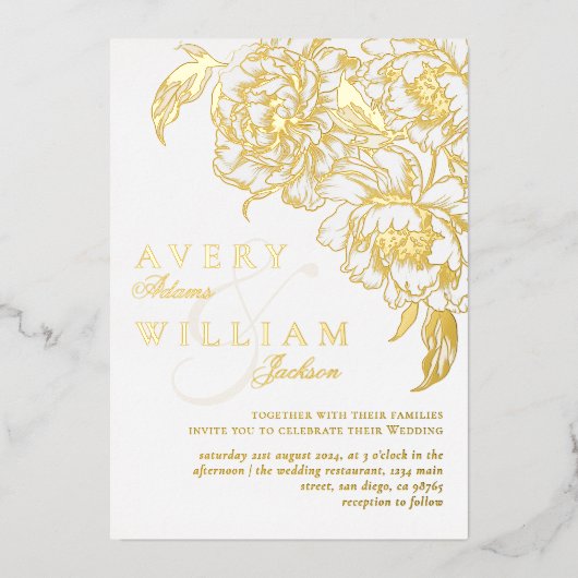 Bloemenpioenen wit gouden elegante foto bruiloft folie uitnodiging (Voorkant)