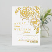 Bloemenpioenen wit gouden elegante foto bruiloft folie uitnodiging (Staand Voorkant)