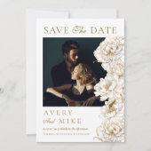 Bloemenpioenen wit gouden elegante foto bruiloft save the date (Voorkant)