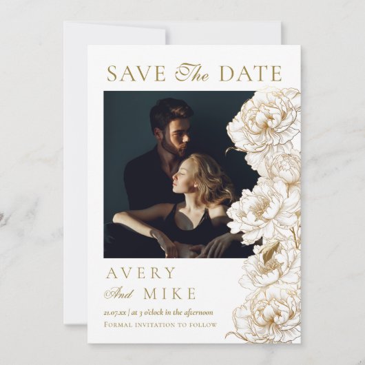 Bloemenpioenen wit gouden elegante foto bruiloft save the date (Voorkant)