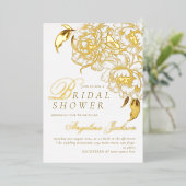 Bloemenpioenen wit gouden elegante Vrijgezellenfee Folie Uitnodiging (Staand Voorkant)