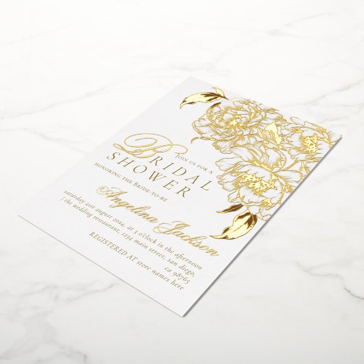 Bloemenpioenen wit gouden elegante Vrijgezellenfee Folie Uitnodiging (Gedraaid)