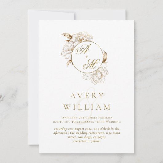 Bloemenpioenen wit gouden monogram bruiloft kaart (Voorkant)