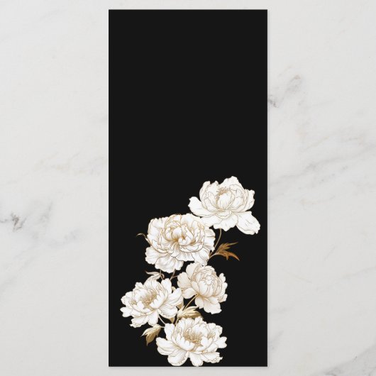 Bloemenpioenen wit gouden monogram bruiloft menu (Achterkant)