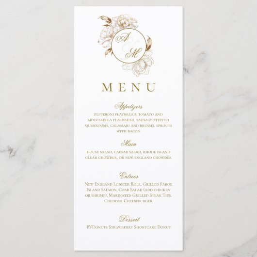 Bloemenpioenen wit gouden monogram bruiloft menu (Voorkant)
