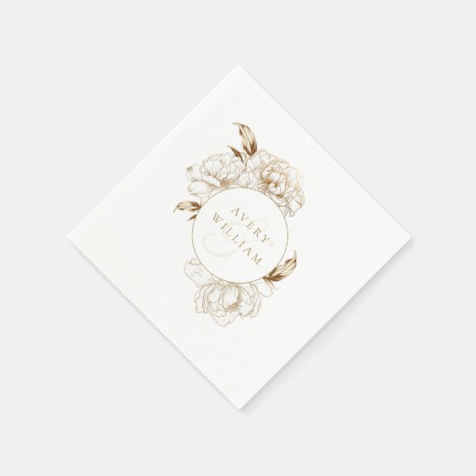 Bloemenpioenen wit gouden monogram bruiloft servet (Hoek)