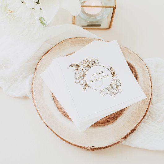 Bloemenpioenen wit gouden monogram bruiloft servet