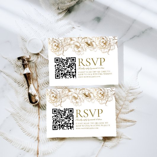 Bloemenpioenen wit gouden QR code bruiloft RSVP Kaartje