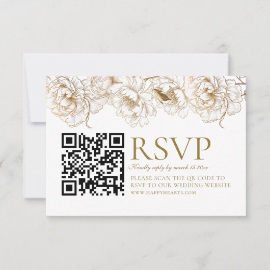 Bloemenpioenen wit gouden QR code bruiloft RSVP Kaartje (Voorkant)