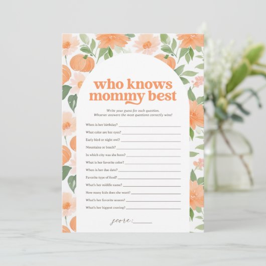 Bloemenpompoen Baby shower Wie kent mama het beste Kaart (Staand voorkant)