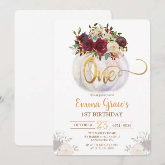 Bloemenpompoen Eerste Verjaardag Uitnodiging (Voorkant / Achterkant)