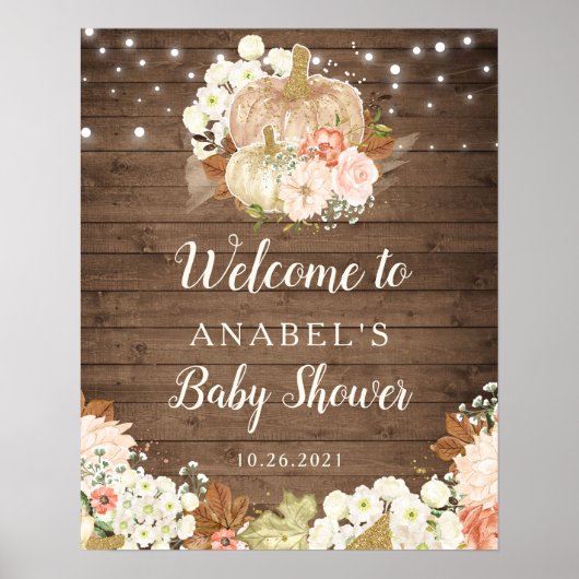 Bloemenpompoen rustiek hout welkom Baby shower Poster (Voorkant)