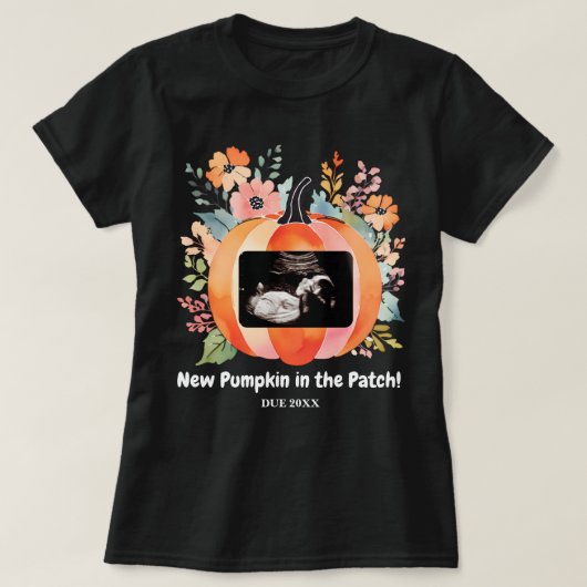 Bloemenpompoen zwangerschapsaankondiging echografi t-shirt (Design voorkant)