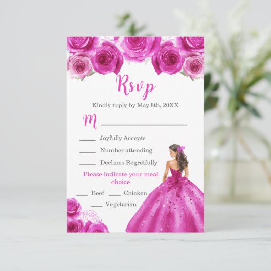 Bloemenprinses in een hete roze jurk Maaltijdkeuze RSVP Kaartje (Staand voorkant)