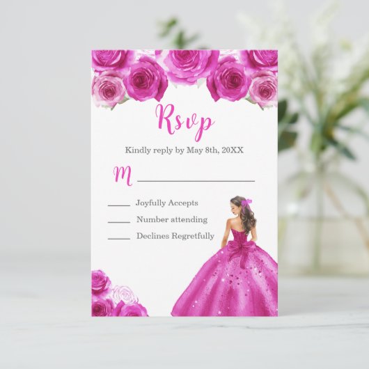 Bloemenprinses in een hete roze jurk RSVP kaartje (Staand voorkant)