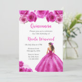 Bloemenprinses in hete roze jurk Quinceanera Kaart (Staand voorkant)