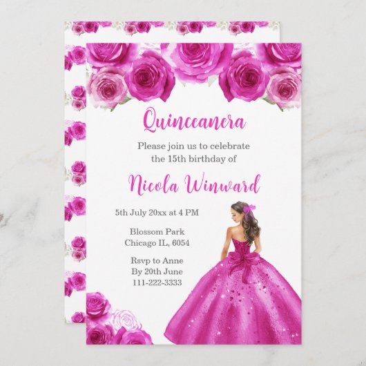 Bloemenprinses in hete roze jurk Quinceanera Kaart (Voorkant / Achterkant)