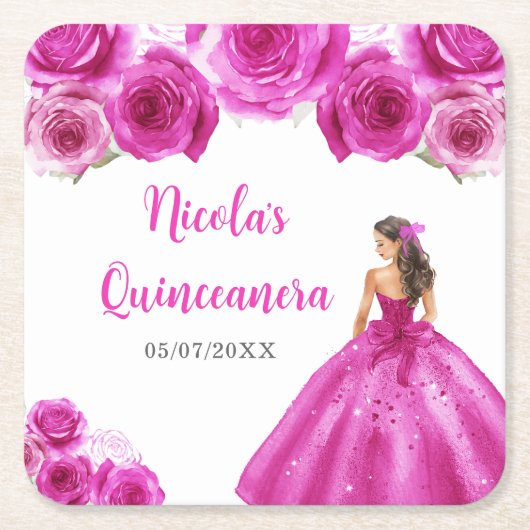 Bloemenprinses in hete roze jurk Quinceanera Kartonnen Onderzetters (Voorkant)