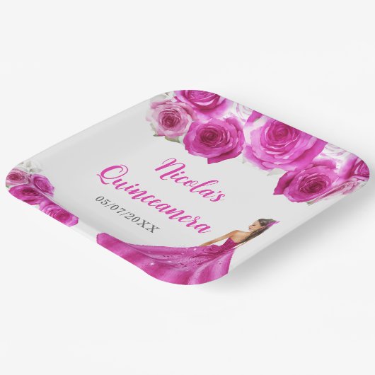 Bloemenprinses in hete roze jurk Quinceanera Papieren Bordje (Gebogen)