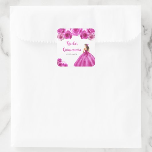 Bloemenprinses in hete roze jurk Quinceanera Vierkante Sticker (Tas)