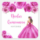 Bloemenprinses in hete roze jurk Quinceanera Vierkante Sticker (Voorkant)