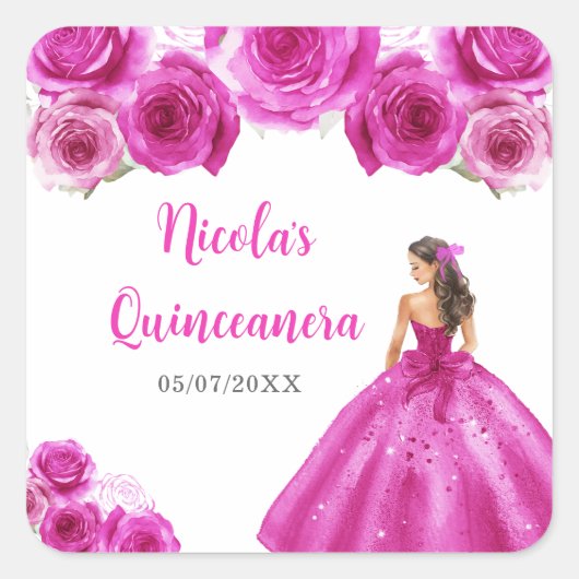 Bloemenprinses in hete roze jurk Quinceanera Vierkante Sticker (Voorkant)