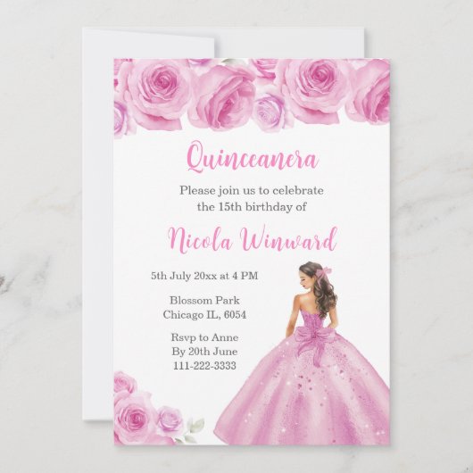 Bloemenprinses in lichtroze jurk Quinceanera Kaart (Voorkant)