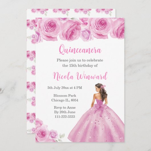 Bloemenprinses in lichtroze jurk Quinceanera Kaart (Voorkant / Achterkant)
