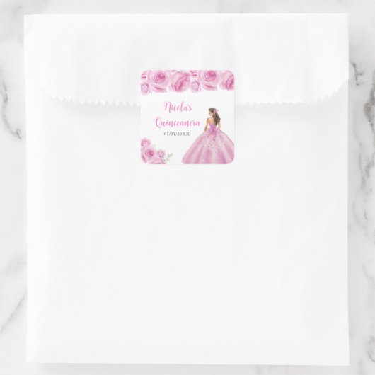 Bloemenprinses in lichtroze jurk Quinceanera Vierkante Sticker (Tas)