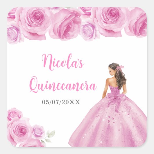Bloemenprinses in lichtroze jurk Quinceanera Vierkante Sticker (Voorkant)