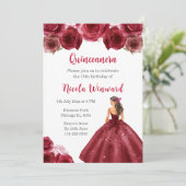 Bloemenprinses in rode jurk Quinceanera Kaart (Staand voorkant)