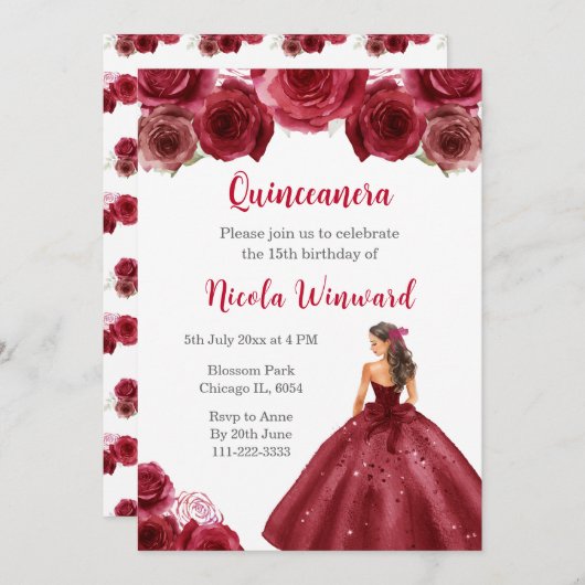 Bloemenprinses in rode jurk Quinceanera Kaart (Voorkant / Achterkant)