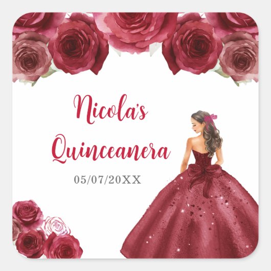Bloemenprinses in rode jurk Quinceanera Vierkante Sticker (Voorkant)