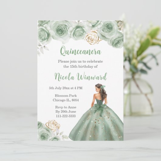 Bloemenprinses in Sage Green Dress Quinceanera Kaart (Staand voorkant)