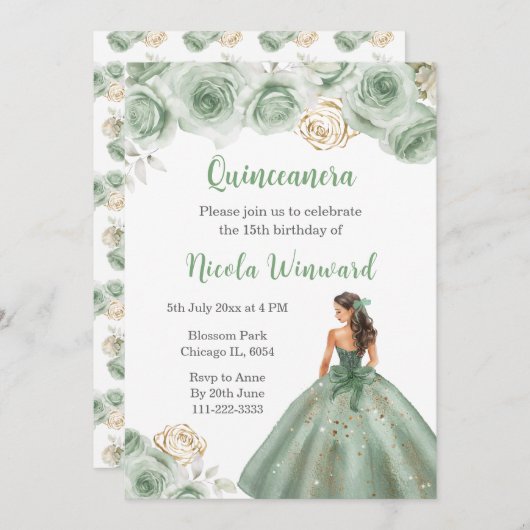 Bloemenprinses in Sage Green Dress Quinceanera Kaart (Voorkant / Achterkant)